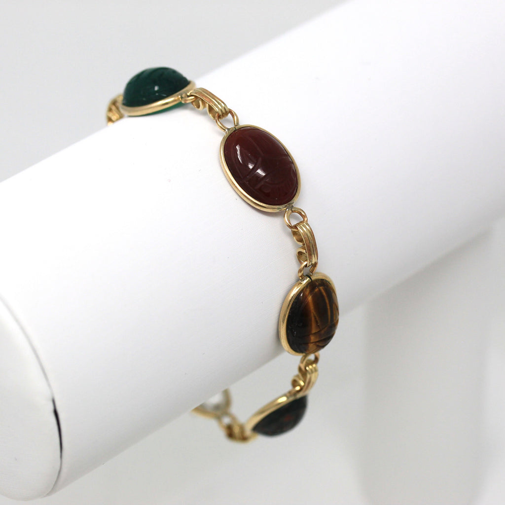 Vintage Scarab Bracelet - Retro 12k Yellow Gold Filled Carved Genuine Gemstones - Circa 1960s Era Egyptian Revival Style Bloodstone Jewelry