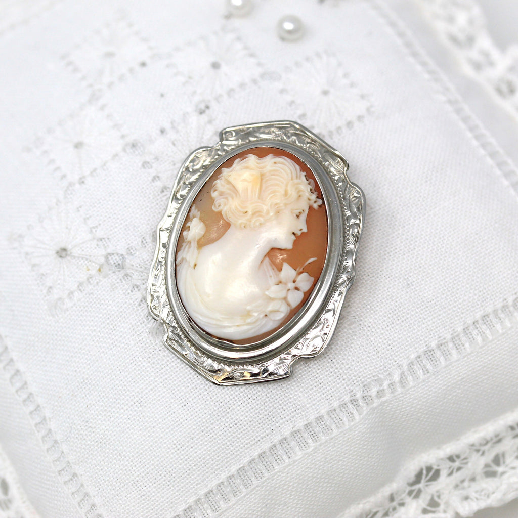 Vintage Cameo Brooch - Art Deco 10k White Gold Filigree Carved Oval Shell Pin - 1920s Statement Flower Fine Jewelry Accessory