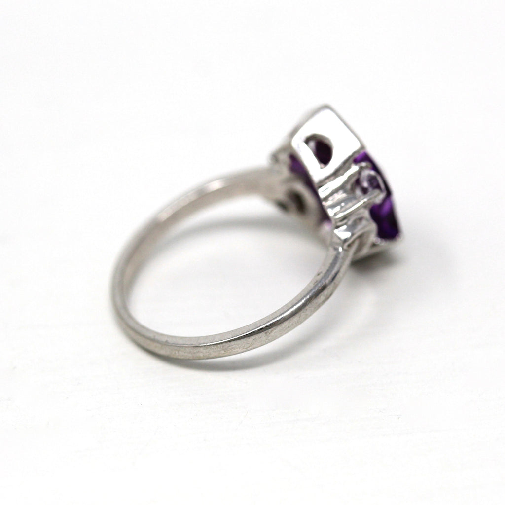 Created Sapphire Ring - Mid Century Era 10k White Gold Purple Violet Fancy Cut Stone - Circa 1950s Size 6.25 Statement 50s Fine MCM Jewelry