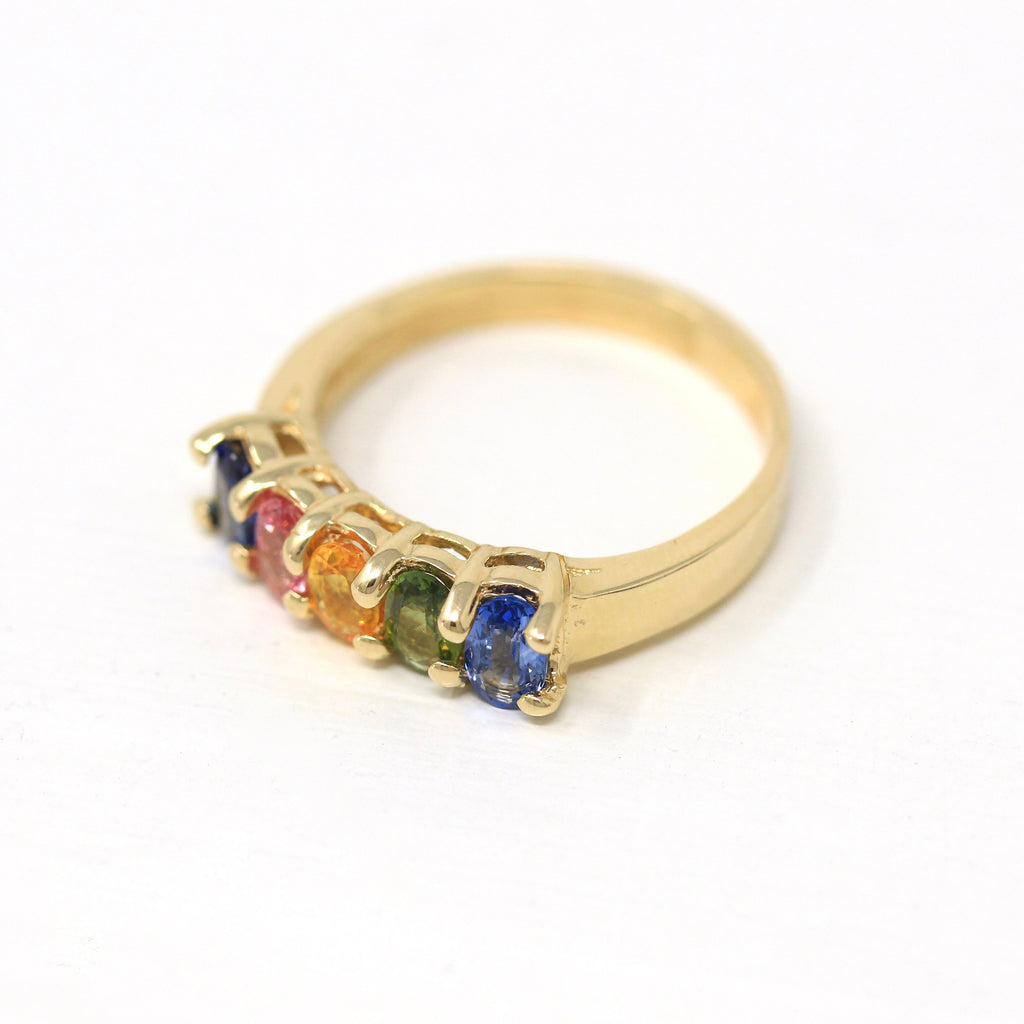 Genuine Sapphire Ring - Modern 14k Yellow Gold Oval Faceted Rainbow 1.75 CTW Five Gemstones - Estate Circa 2000's Size 7 Fine Y2K Jewelry