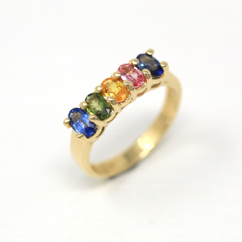 Genuine Sapphire Ring - Modern 14k Yellow Gold Oval Faceted Rainbow 1.75 CTW Five Gemstones - Estate Circa 2000's Size 7 Fine Y2K Jewelry