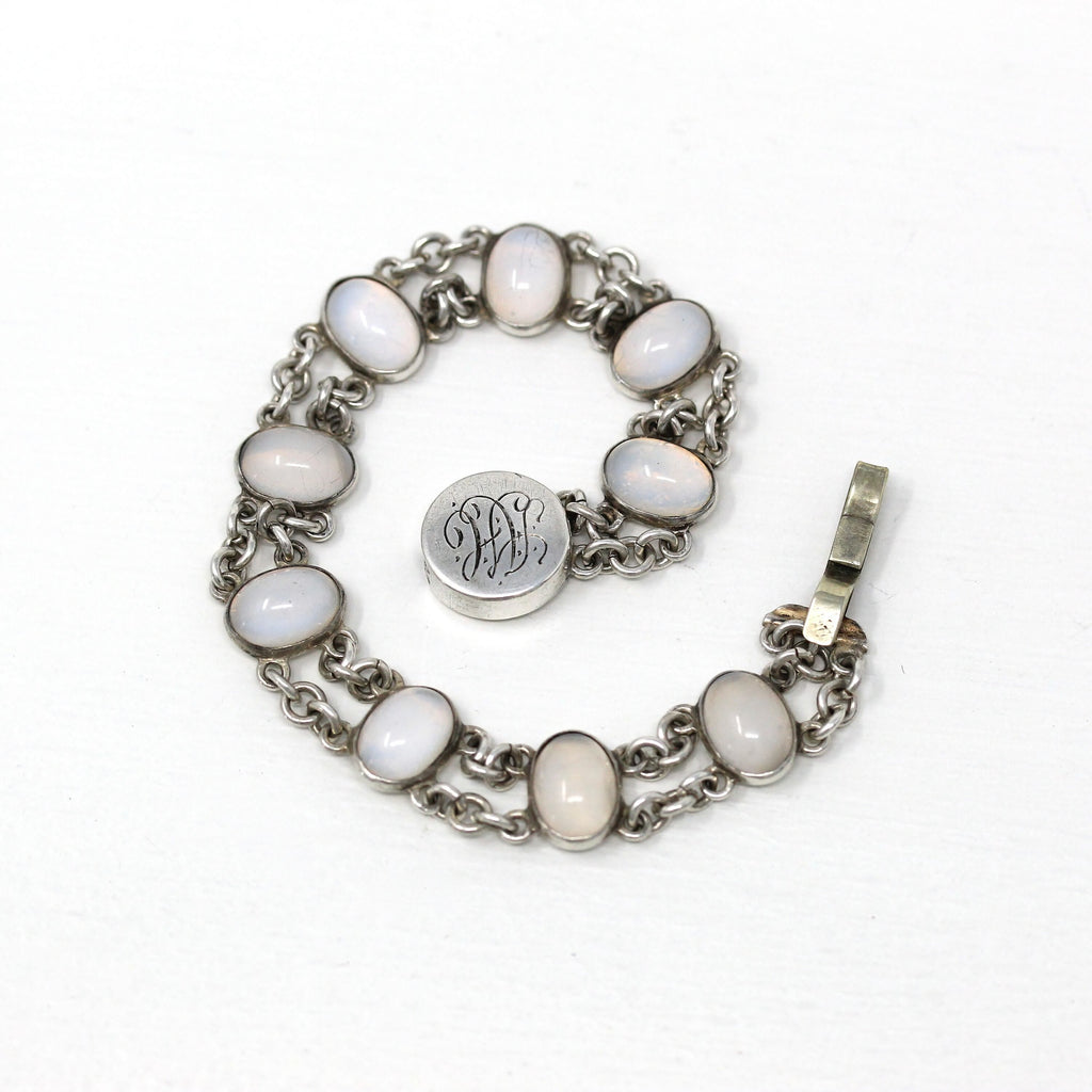 Simulated Moonstone Bracelet - Art Deco Sterling Silver Cabochon Cut Glass Stones - Vintage Circa 1930s Era Engraved "AH" Statement Jewelry