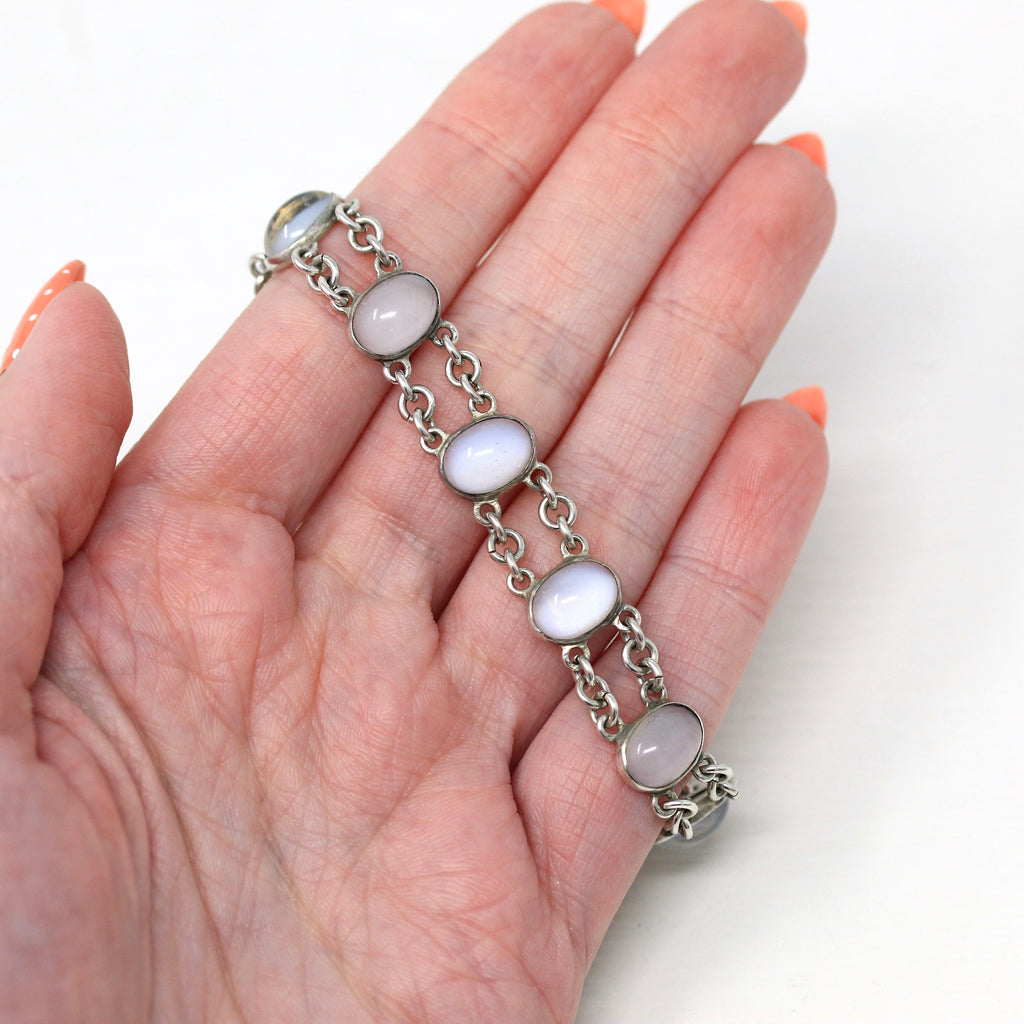 Simulated Moonstone Bracelet - Art Deco Sterling Silver Cabochon Cut Glass Stones - Vintage Circa 1930s Era Engraved "AH" Statement Jewelry