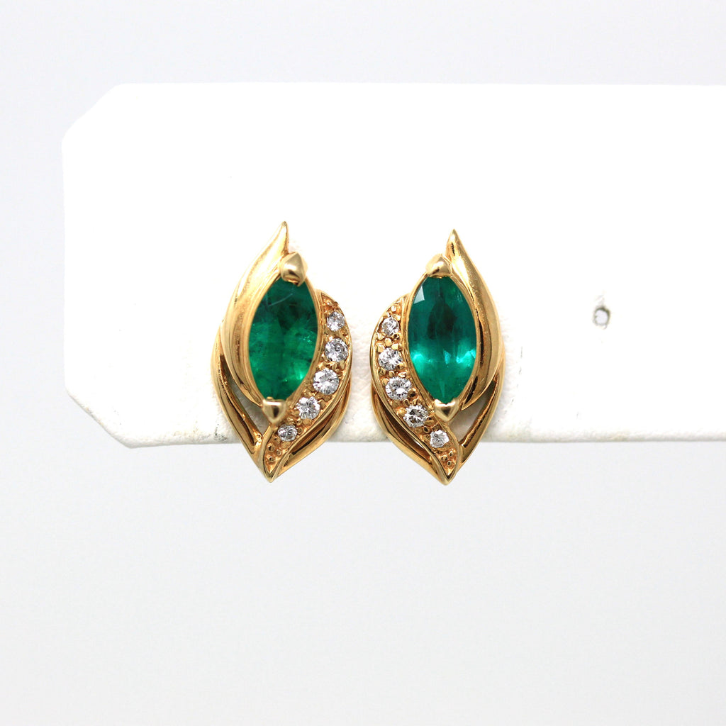 Created Emerald Earrings - Estate 14k Yellow Gold Genuine Diamonds Threaded Push Backs - Modern Circa 1980s Era May Birthstone Fine Jewelry