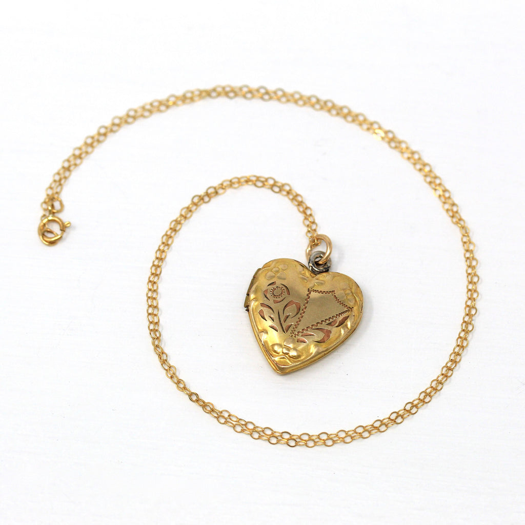 Vintage Heart Locket - Retro 10k Gold Filled Floral Design Flowers Pendant Necklace - Circa 1940s Era Keepsake Photograph 40s Jewelry