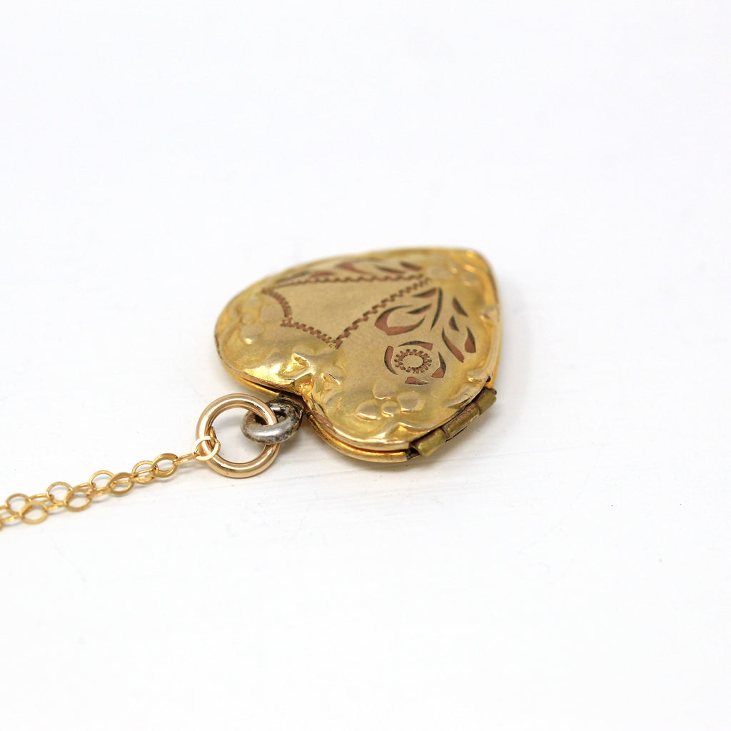 Vintage Heart Locket - Retro 10k Gold Filled Floral Design Flowers Pendant Necklace - Circa 1940s Era Keepsake Photograph 40s Jewelry