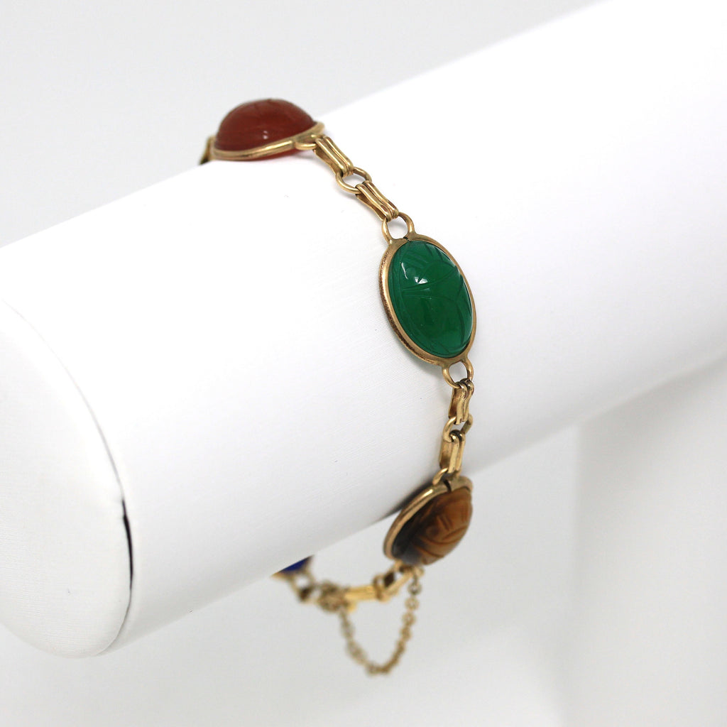 Vintage Scarab Bracelet - Retro 14k Gold Filled Carved Genuine Gemstones - Circa 1960s Era Egyptian Revival Style Safety Chain 60s Jewelry