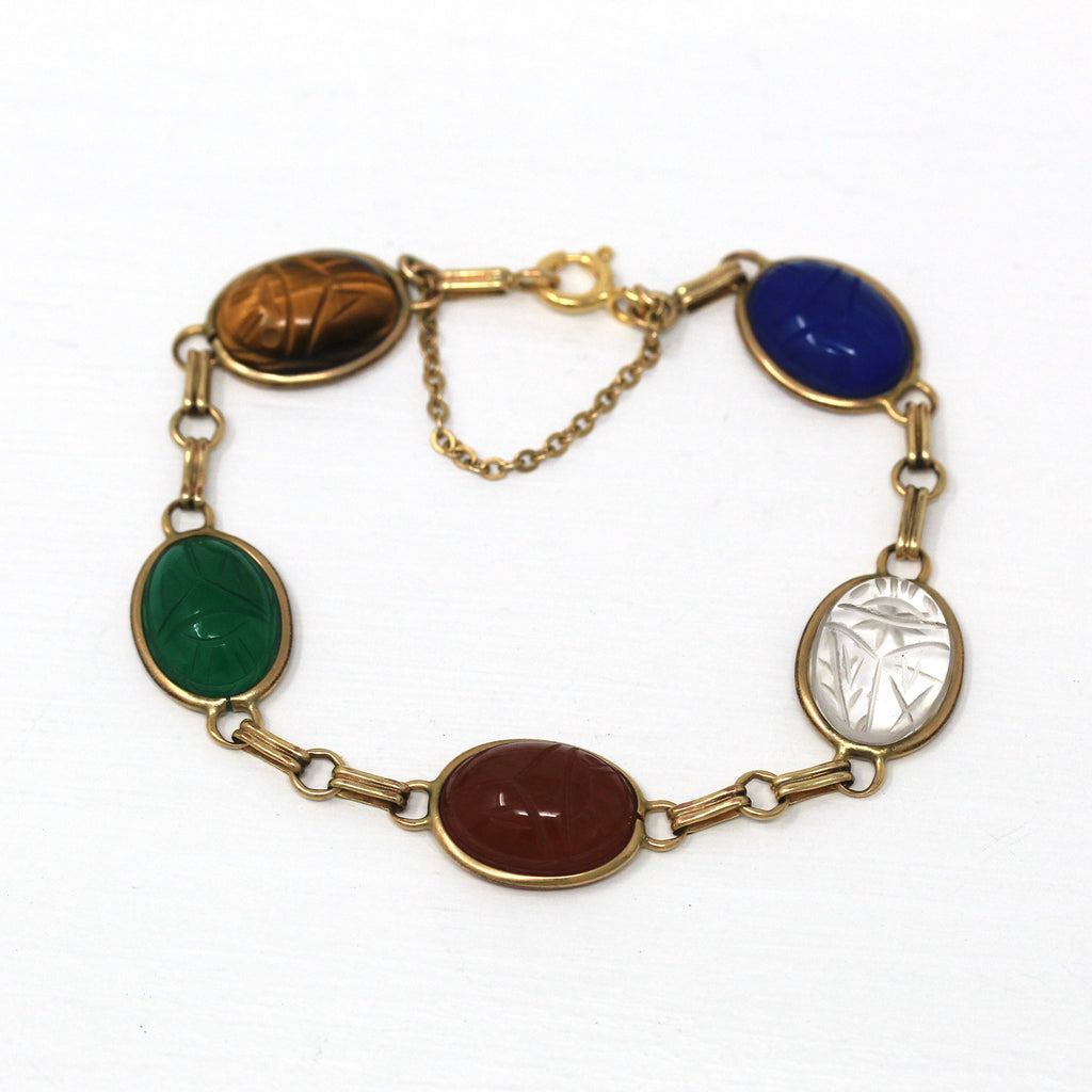 Vintage Scarab Bracelet - Retro 14k Gold Filled Carved Genuine Gemstones - Circa 1960s Era Egyptian Revival Style Safety Chain 60s Jewelry