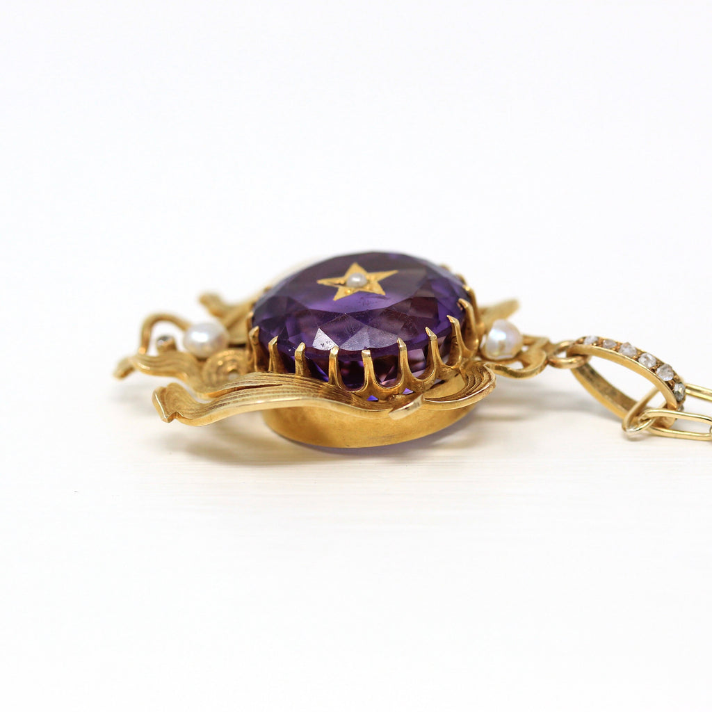 Genuine Amethyst Necklace - Late Victorian Art Nouveau 14k Yellow Gold Genuine Amethyst - Antique 18.9 CT Gem Circa 1900s Fine Charm Jewelry
