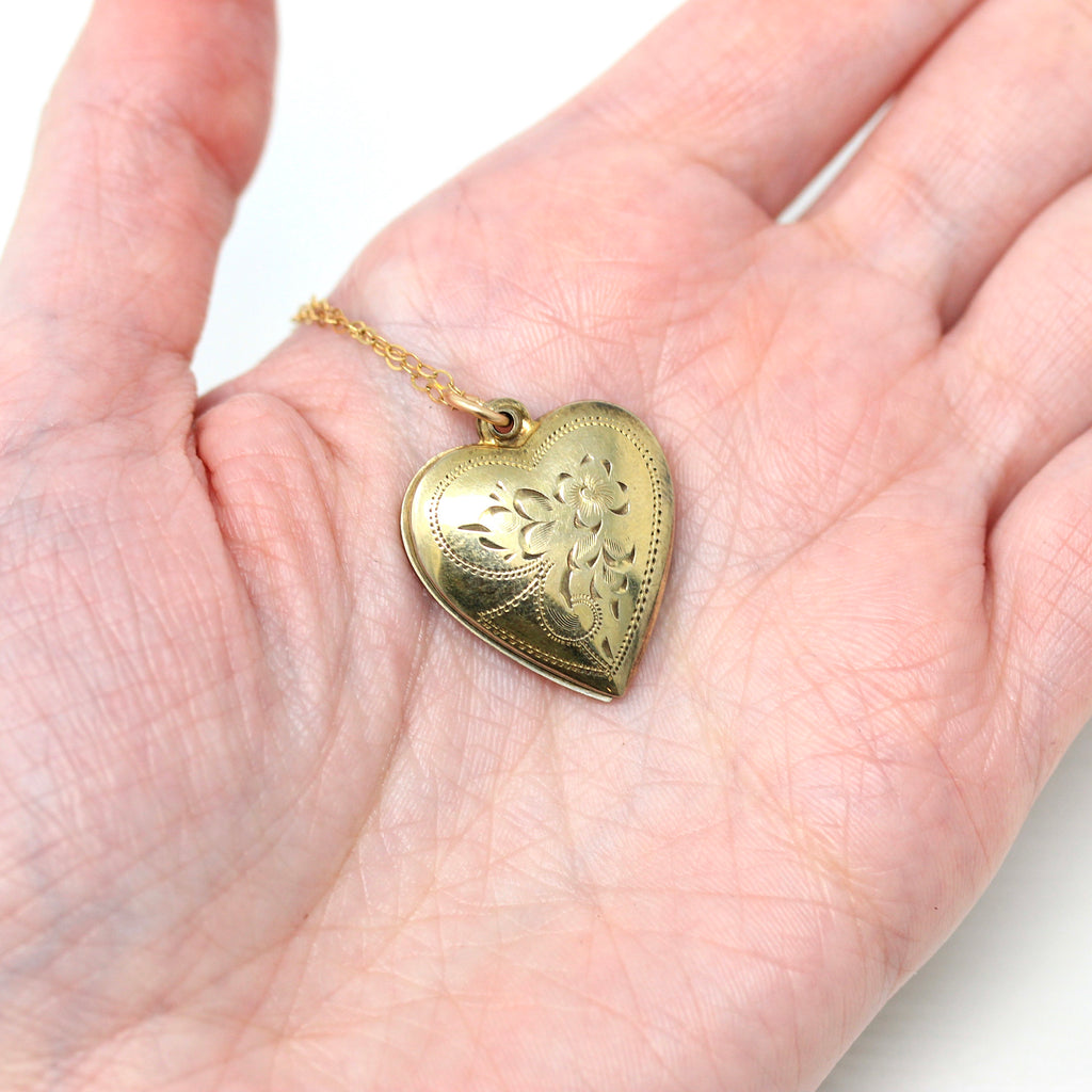 Vintage Heart Locket - Retro 12k Gold Filled Engraved Flowers Designs Pendant Necklace - Circa 1940s Floral Keepsake Statement 40s Jewelry
