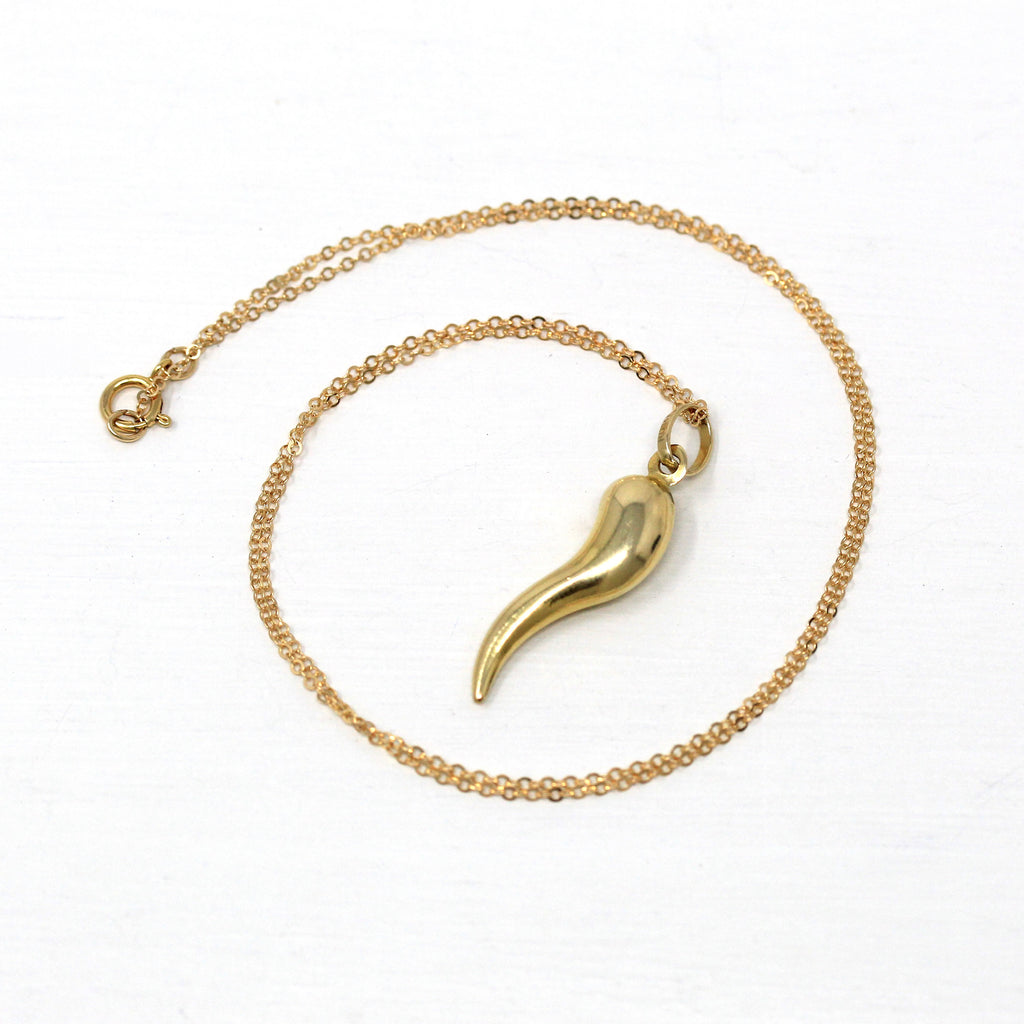 Italian Horn Charm - Retro 14k Yellow Gold Italy Cornicello Good Luck Pendant Necklace - Vintage 1970s Era Ward Off Evil Amulet Fine Jewelry