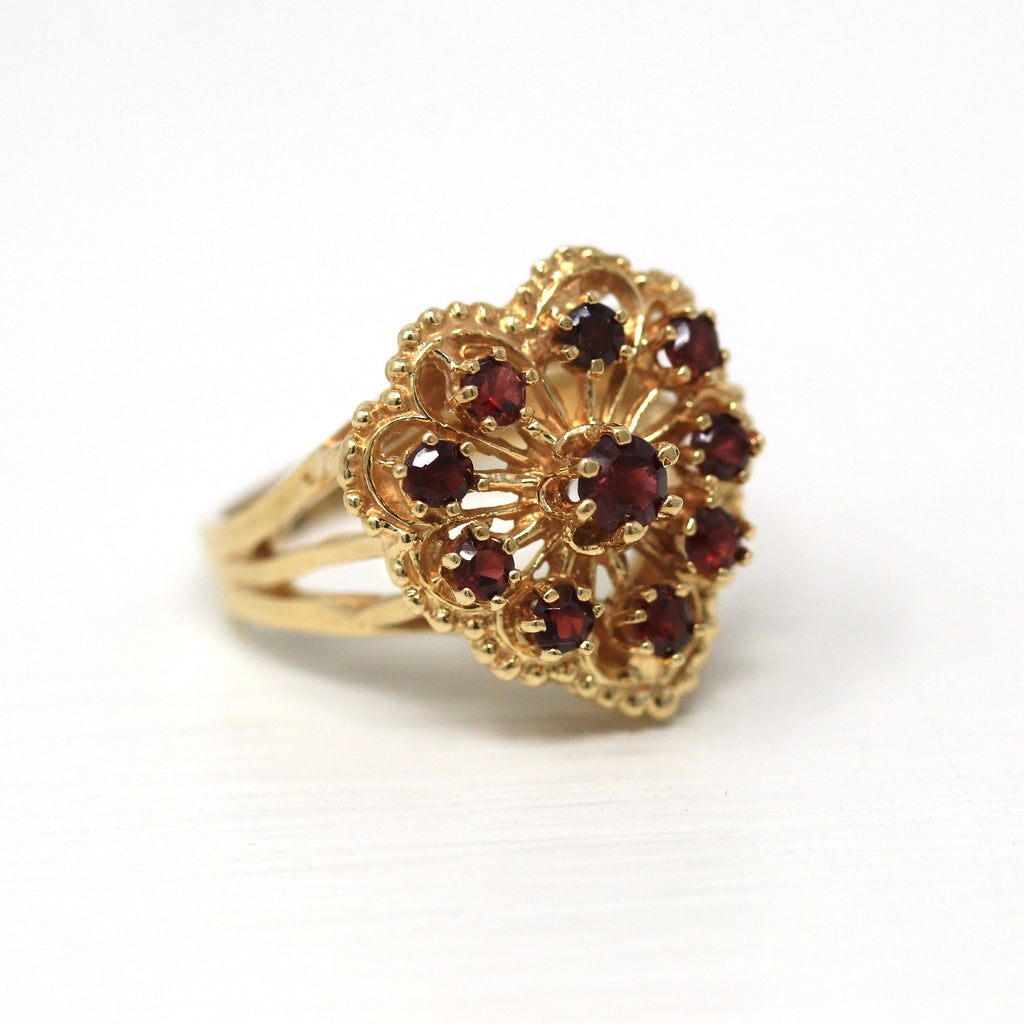 Vintage Garnet Heart Ring - 14k Yellow Gold Genuine Red Gemstone Cluster Statement - Retro 1960s Size 7.5 January Birthstone Fine Jewelry