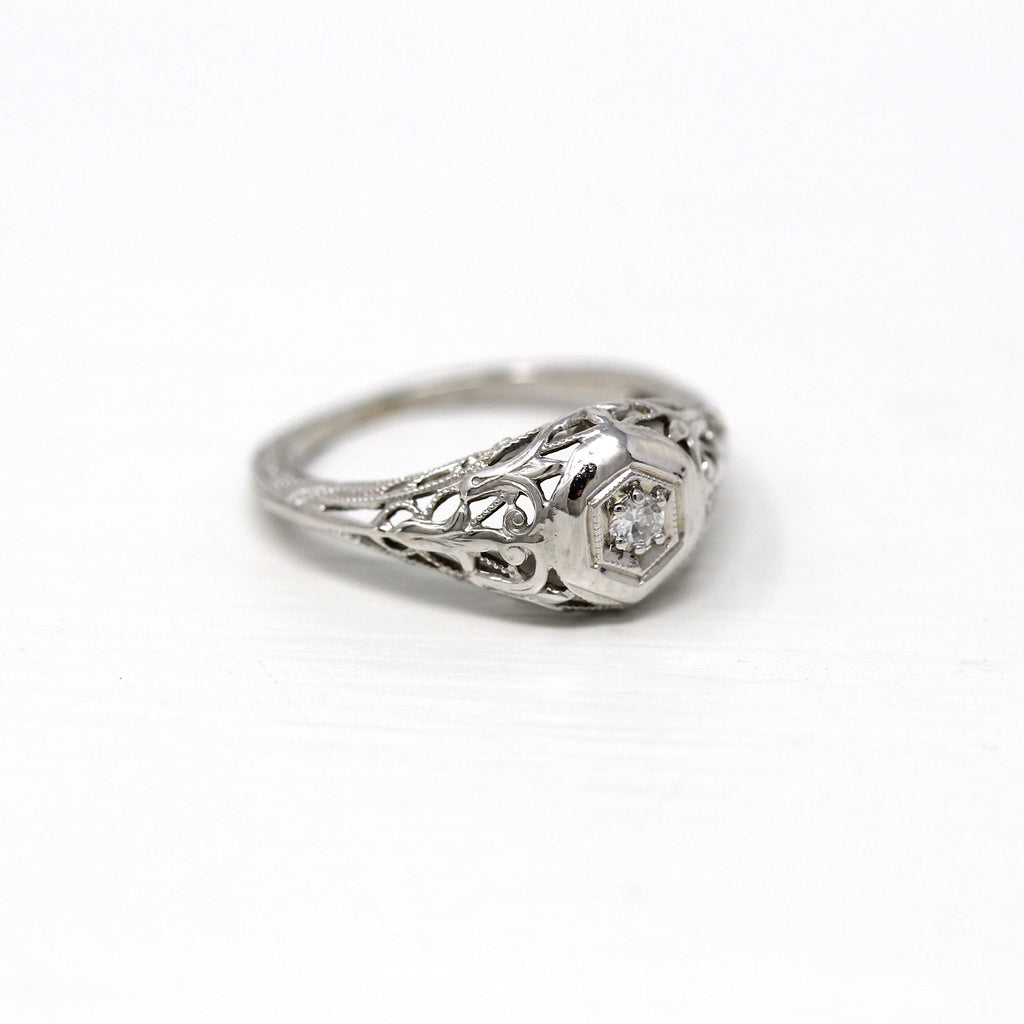 Vintage Diamond Ring - Art Deco Era 18k White Gold Filigree Engagement - Antique Circa 1920s Size 3 Promise 20s Commitment Fine Jewelry