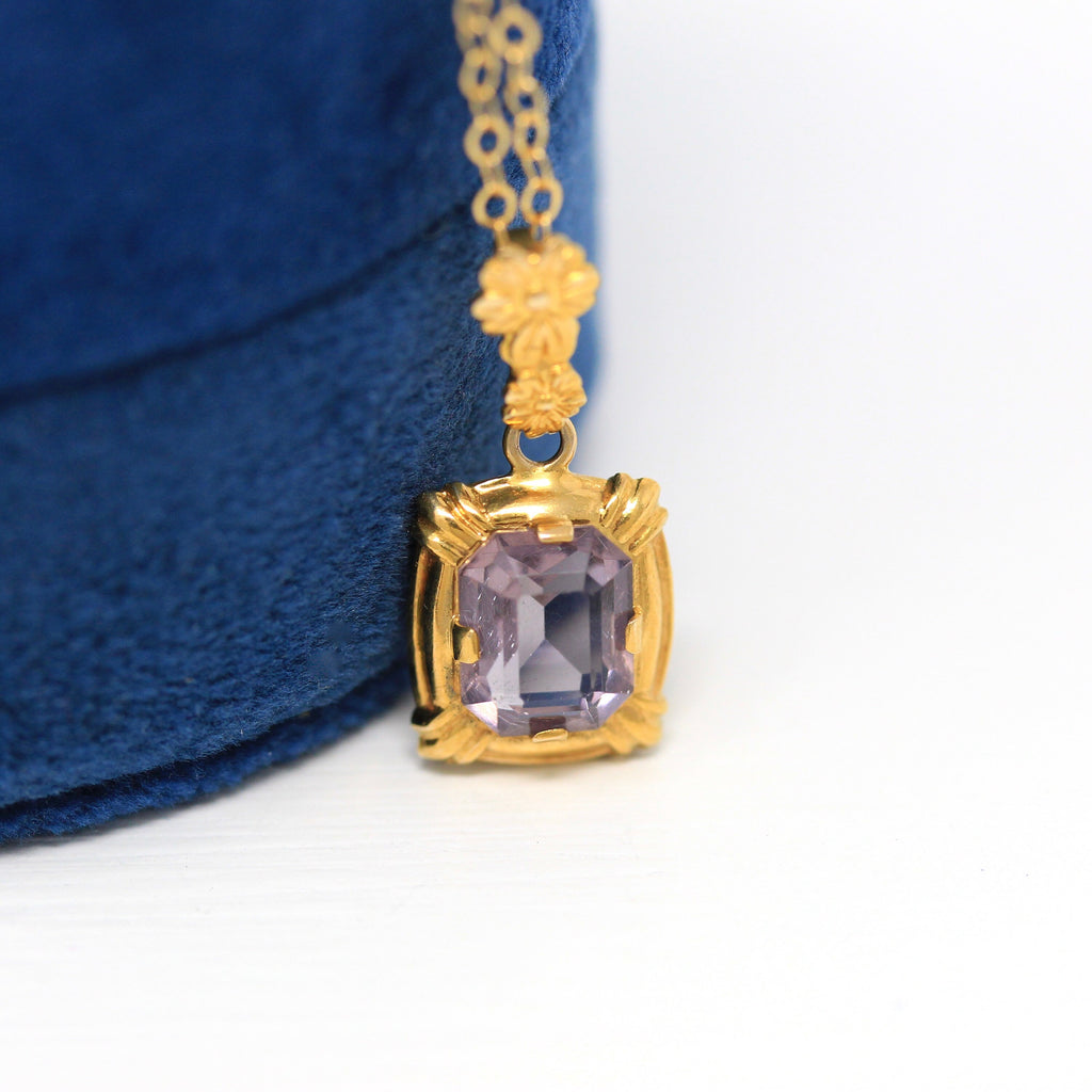 Simulated Amethyst Necklace - Retro 10k Yellow Gold Emerald Cut Purple Glass Pendant - Vintage 1940s Flower Lavalier Fine Esemco Jewelry