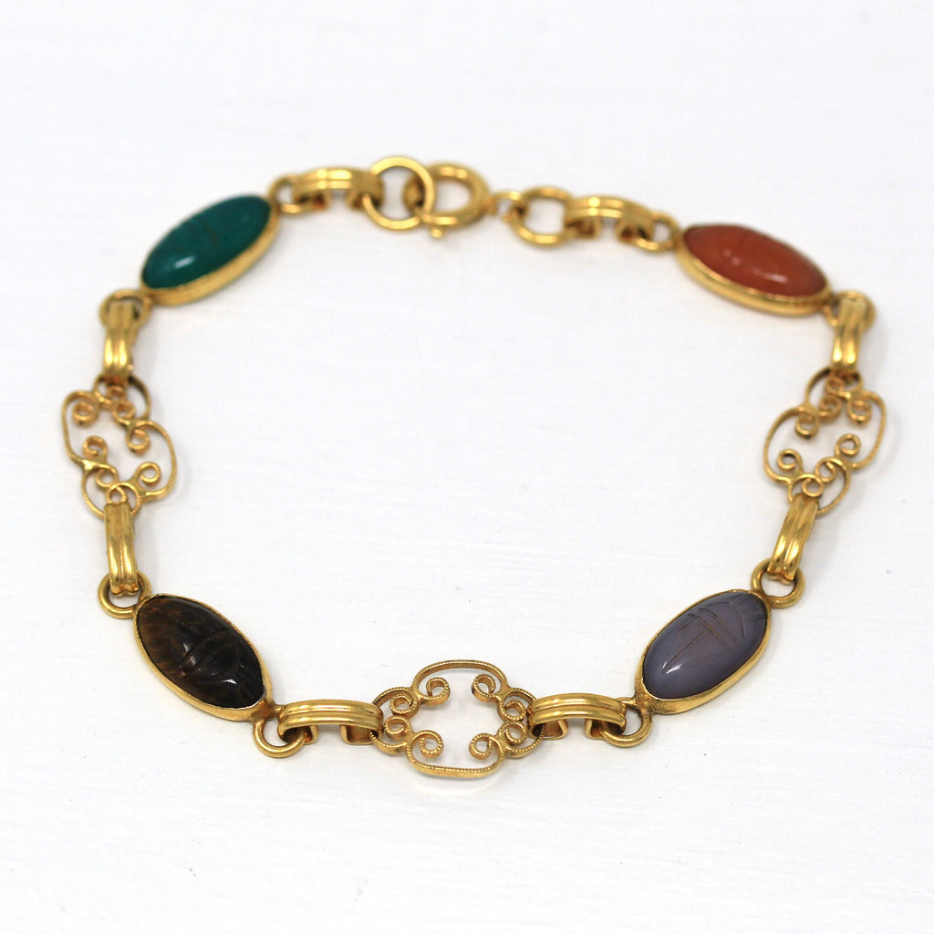 Vintage Scarab Bracelet - Retro 12k Gold Filled Carved Genuine Gemstones - Circa 1960s Era Egyptian Revival Fashion Accessory 60s Jewelry