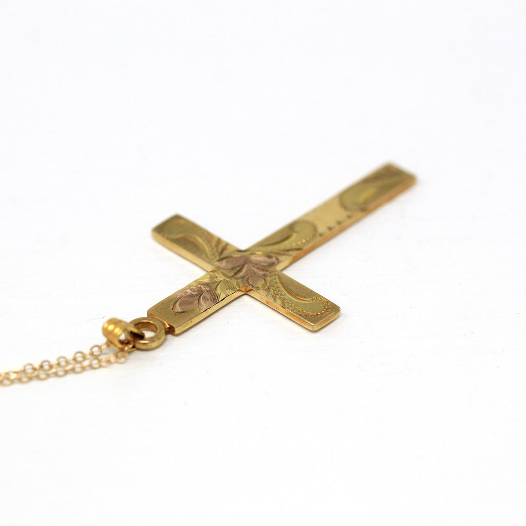Vintage Cross Necklace - Retro 12k Gold Filled Engraved Flowers Pendant Charm - Circa 1940s Era Religious Faith Statement Signed HFB Jewelry
