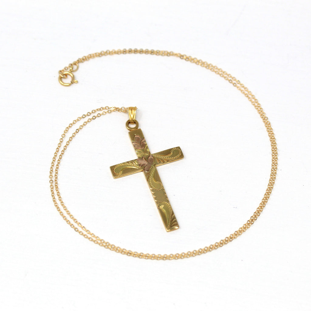 Vintage Cross Necklace - Retro 12k Gold Filled Engraved Flowers Pendant Charm - Circa 1940s Era Religious Faith Statement Signed HFB Jewelry