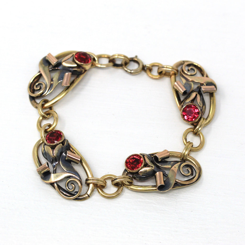 Simulated Ruby Bracelet - Retro 12k Gold Filled On Silver Red Glass Stones Flowers - Vintage 1940s Era Fashion Accessory Carl Art Jewelry