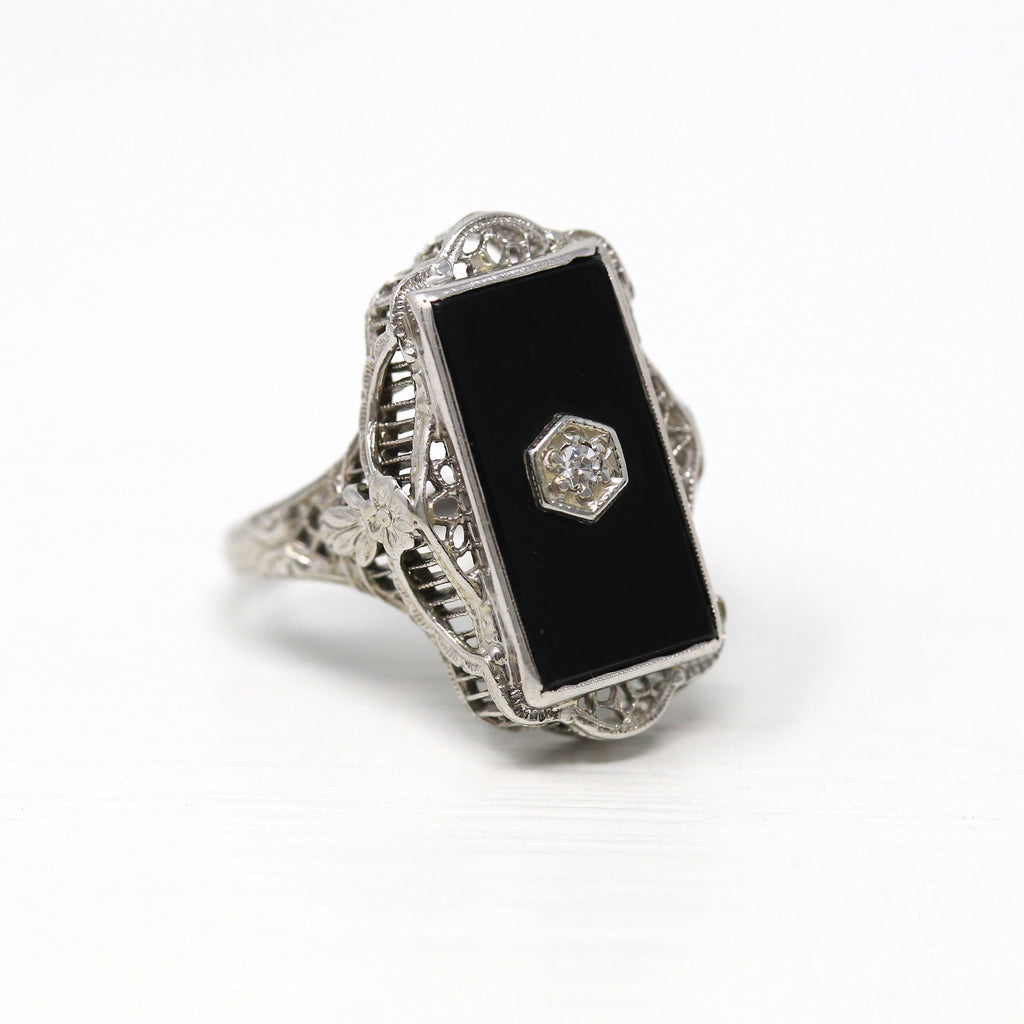 Onyx & Diamond Ring - Art Deco 14k White Gold Genuine .03 CT Gemstone Filigree - Vintage Circa 1930s Size 5.5 Lacy Ribbon Bow Fine Jewelry