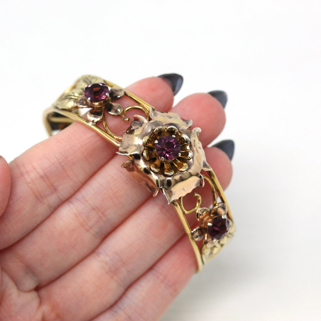 Vintage Cuff Bracelet - Retro 12k Yellow & Rose Gold Filled Purple Glass Flowers - Circa 1940s Era Simulated Amethyst Statement 40s Jewelry