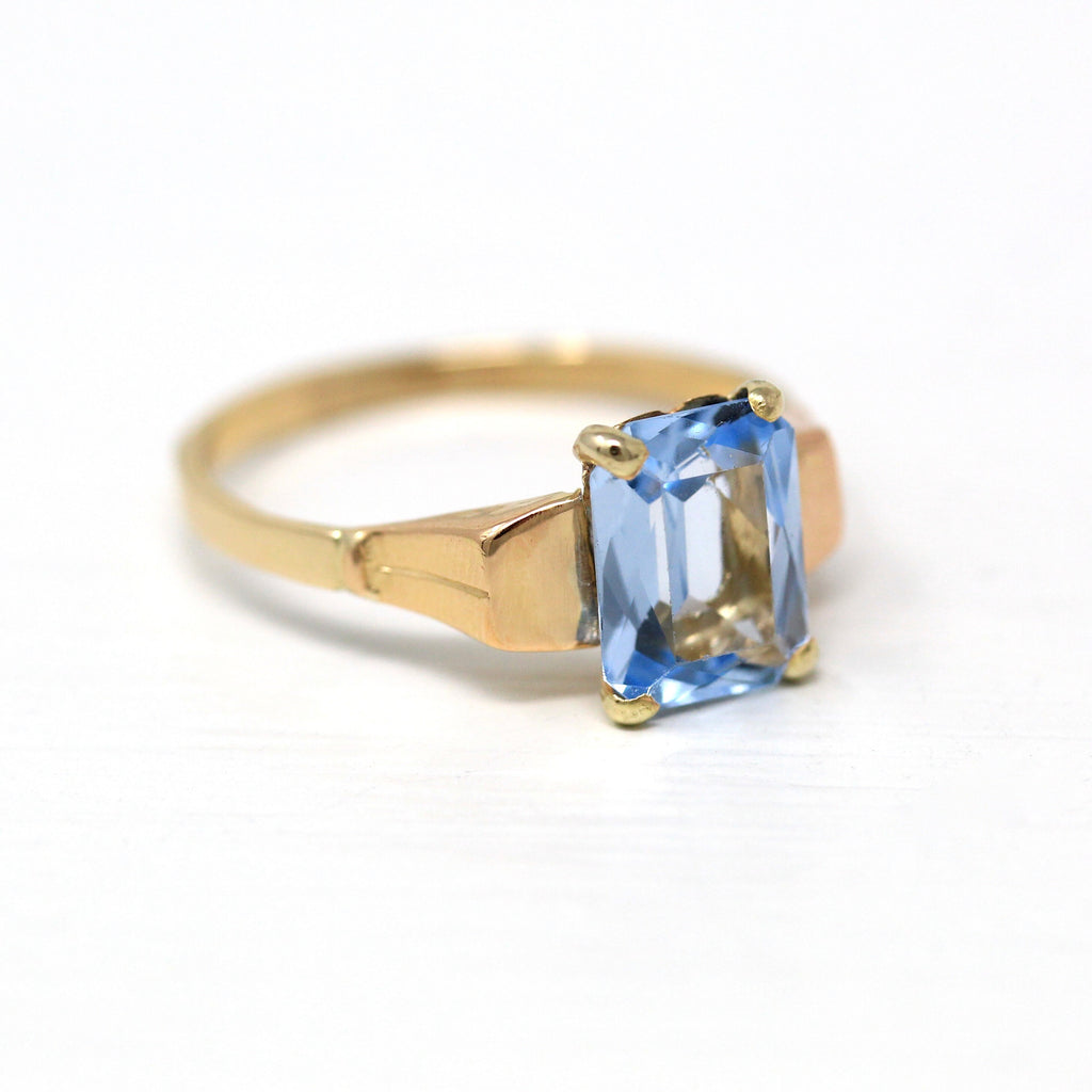 Created Spinel Ring - Retro Era 14k Yellow Gold Emerald Cut Faceted Blue 2.25 CT Stone - Circa 1940s Size 7.5 Solitaire Style Fine Jewelry