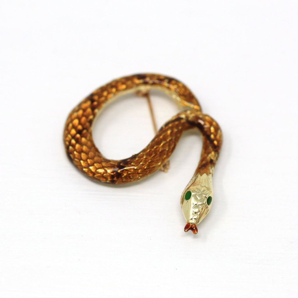 Vintage Snake Brooch - Estate 14k Yellow Gold Brown Scales Green Eyed Red Tongue Enamel Pin - Circa 1980s Era Fashion Accessory 80s Jewelry