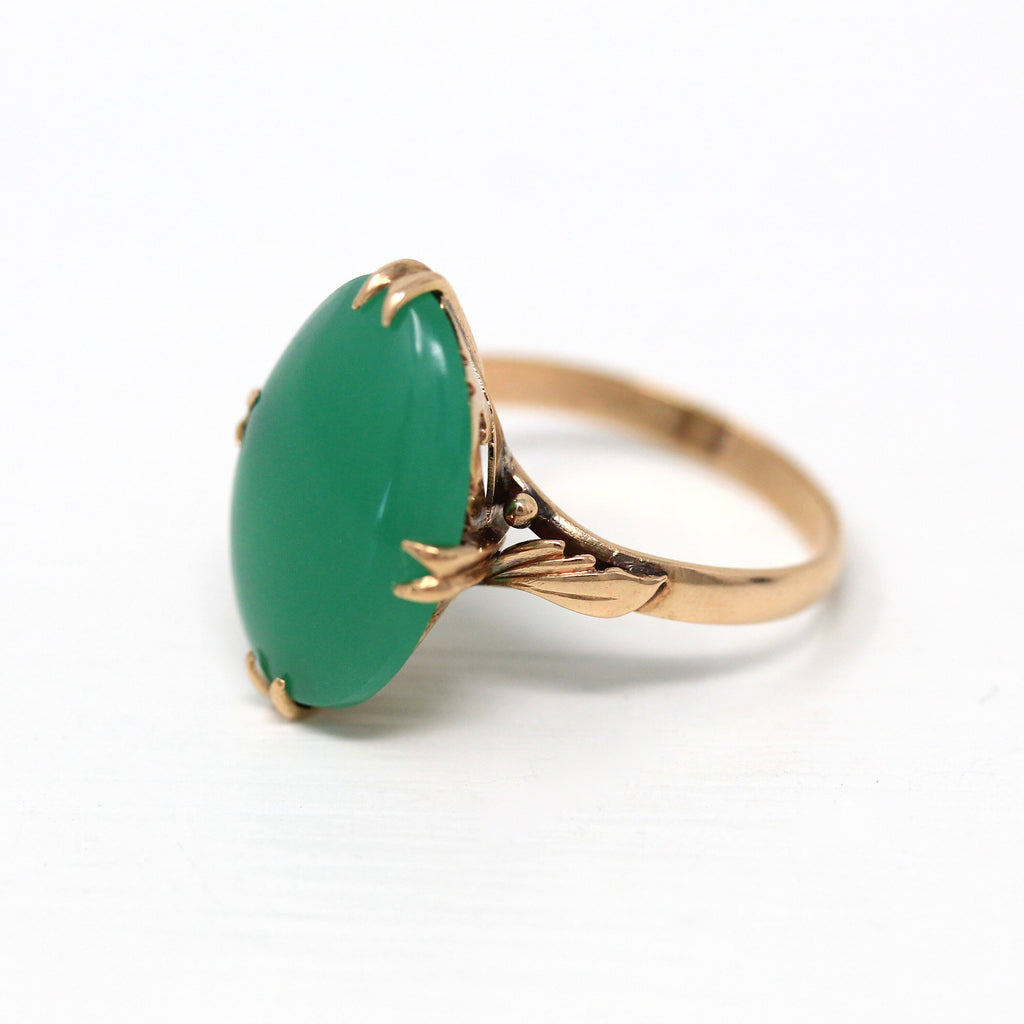 Simulated Jade Ring - Retro 18k Yellow Gold Large Oval Green Glass Cabochon Stone - Vintage Circa 1960s Era Size 7.5 Statement Fine Jewelry
