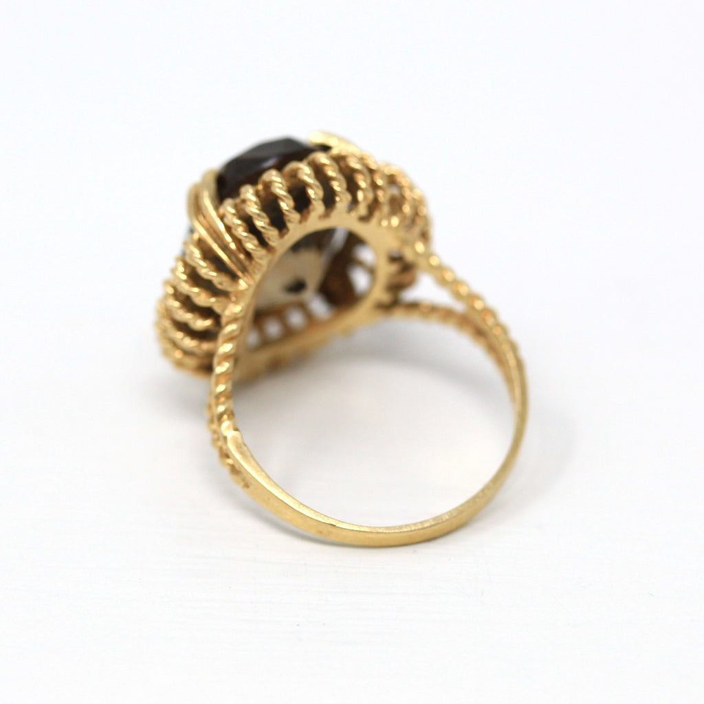 Smoky Quartz Ring - Retro 14k Yellow Gold Oval Faceted 10+ CT Brown Gemstone - Vintage Circa 1960s Era Size 8.5 Statement 70s Fine Jewelry