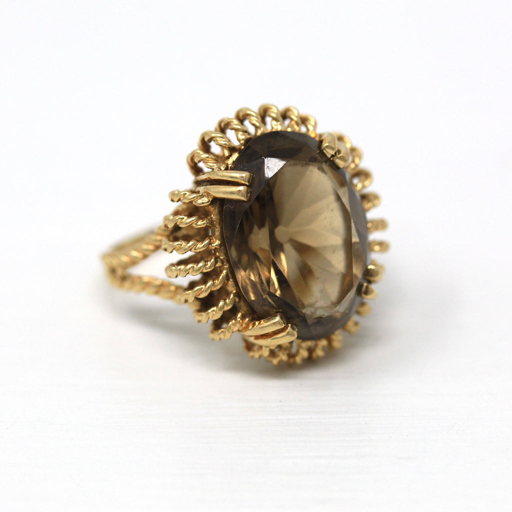 Smoky Quartz Ring - Retro 14k Yellow Gold Oval Faceted 10+ CT Brown Gemstone - Vintage Circa 1960s Era Size 8.5 Statement 70s Fine Jewelry