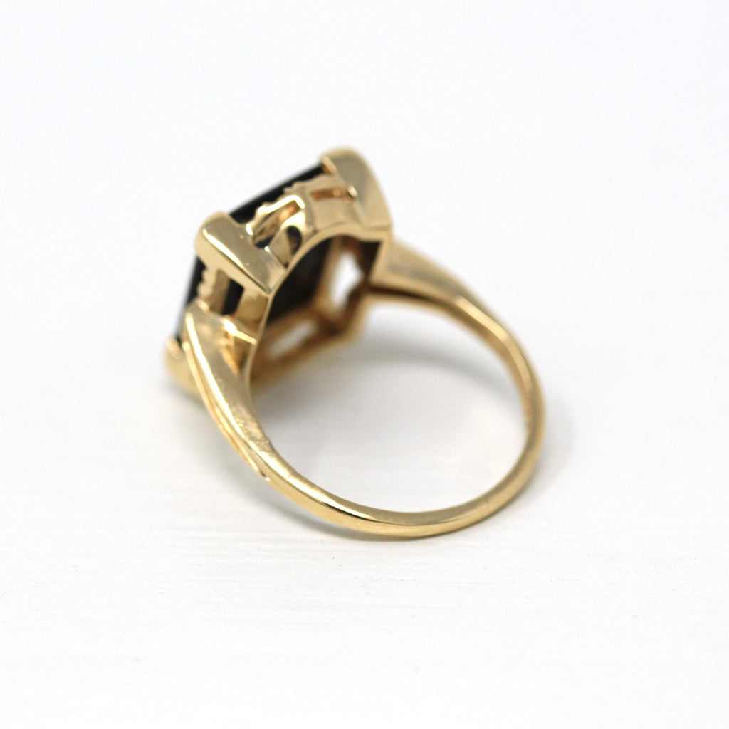 Genuine Onyx Ring - Retro 14k Yellow Gold Rectangular Black Gemstone & Diamond - Vintage Circa 1960s Era Size 5 Statement Gem Fine Jewelry