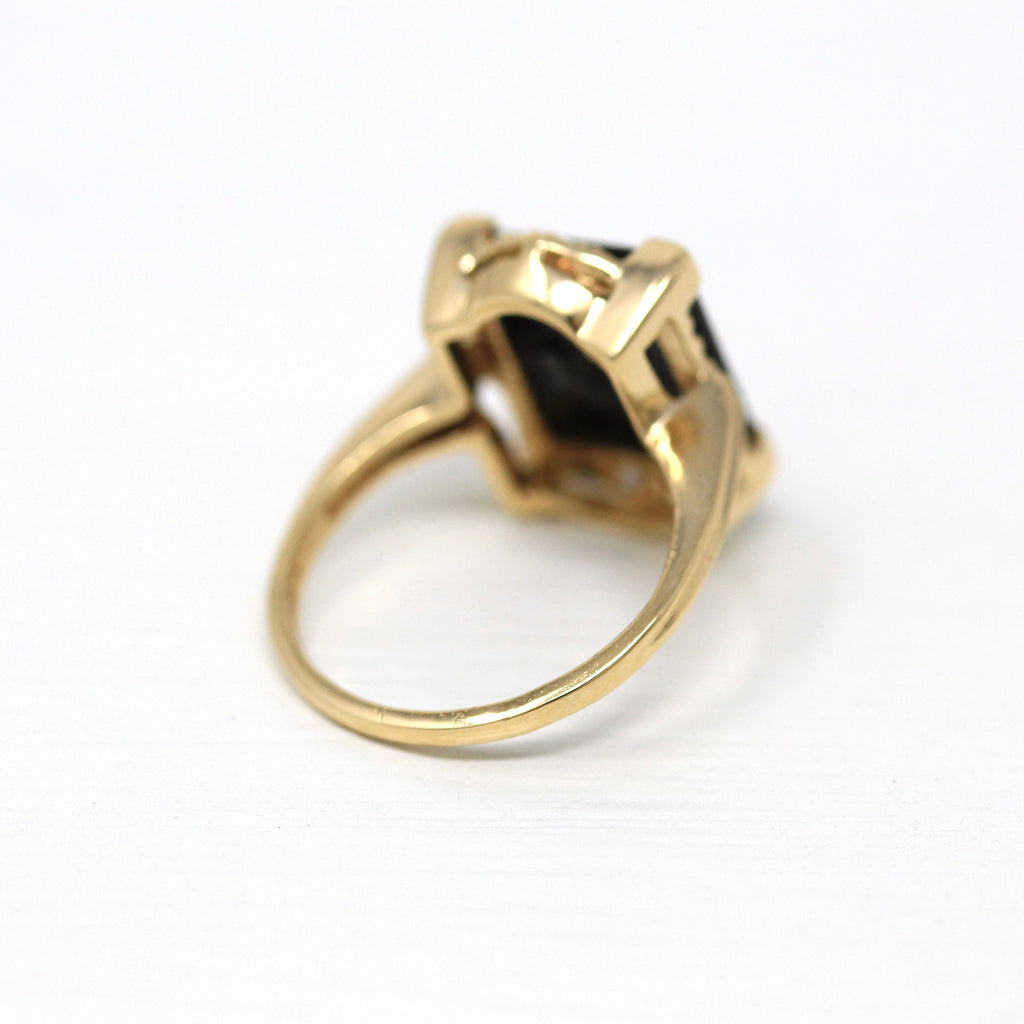 Genuine Onyx Ring - Retro 14k Yellow Gold Rectangular Black Gemstone & Diamond - Vintage Circa 1960s Era Size 5 Statement Gem Fine Jewelry