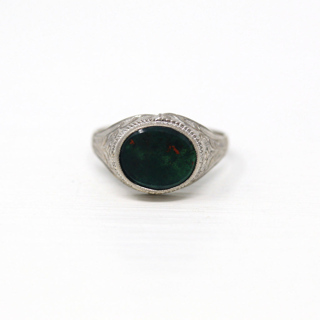 Genuine Bloodstone Ring - Art Deco 14k White Gold Dark Green Oxblood Red Gem - Vintage Circa 1930s Era Size 6 1/4 Heliotrope Fine Jewelry