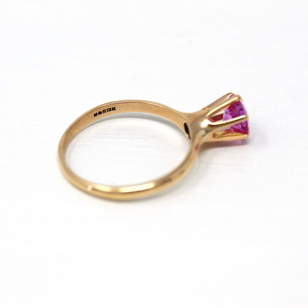 Created Pink Sapphire Ring - Edwardian 10k Yellow Gold Round Cut .77 CT Stone - Antique Circa 1910s Era Size 7 3/4 Solitaire Fine Jewelry