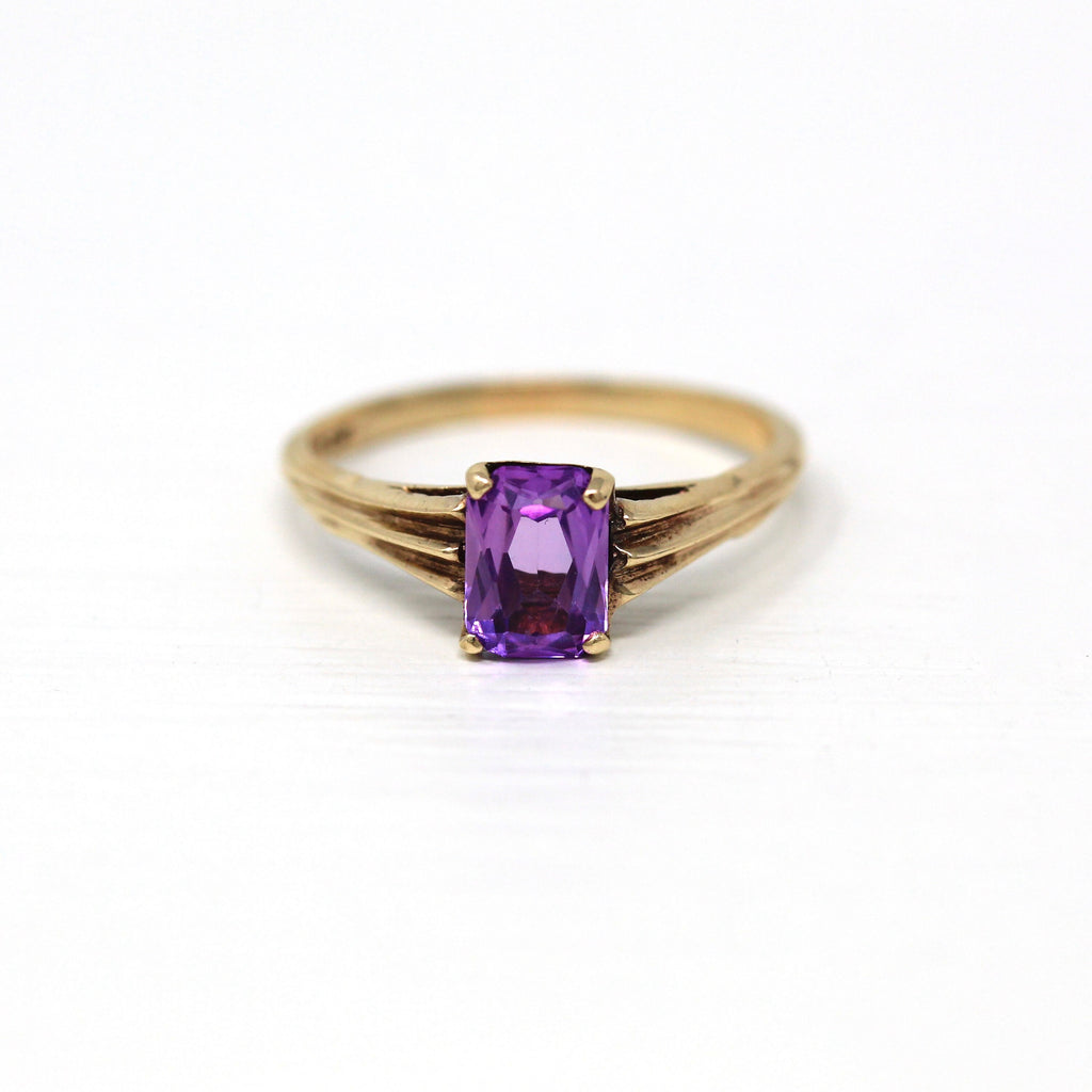 Created Sapphire Ring - Vintage 10k Yellow Gold Blue 1 CT Pink Purple Stone Solitaire - Retro Circa 1960s Size 6.5 Baden & Foss Fine Jewelry
