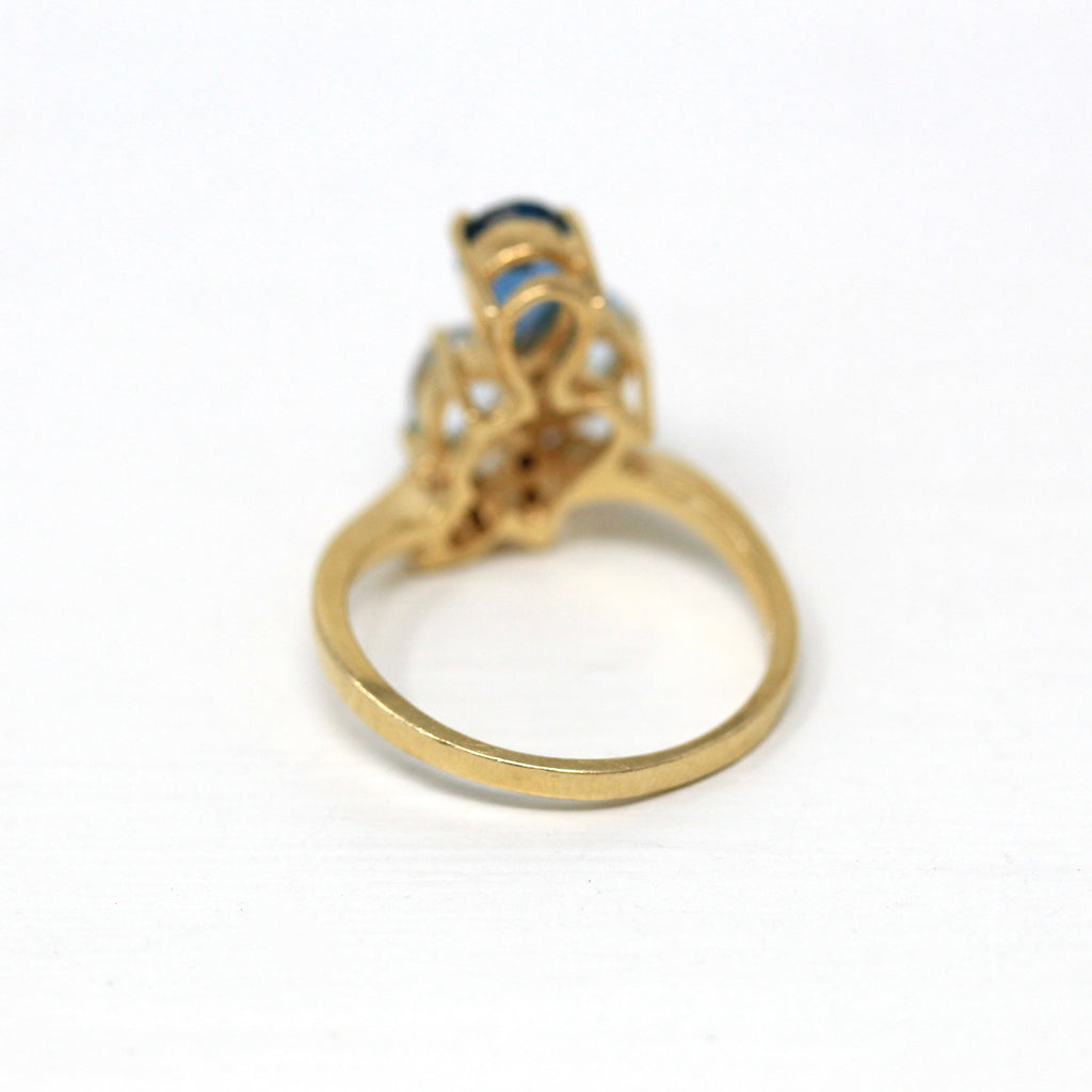 Blue Stone Ring - Vintage 14k Yellow Gold Light & Dark Created Blue Spinels - Size 7 Diamond Pear Cut Cluster Fine 1990s Unique Fine Jewelry