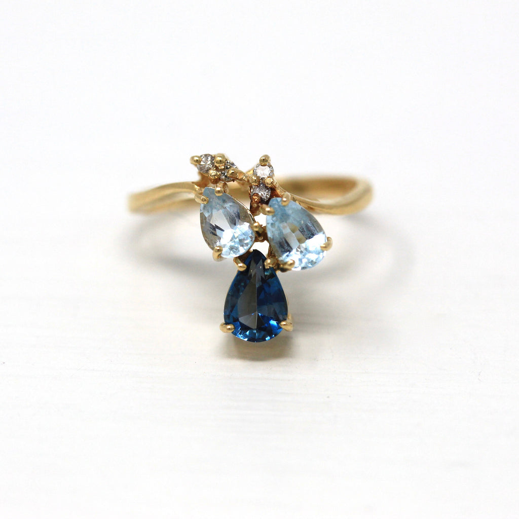 Blue Stone Ring - Vintage 14k Yellow Gold Light & Dark Created Blue Spinels - Size 7 Diamond Pear Cut Cluster Fine 1990s Unique Fine Jewelry
