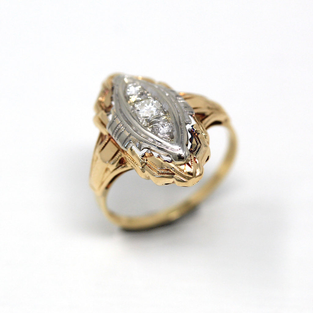 Antique Shield Ring - Art Deco Era 14k Yellow & White Gold .11 CTW Genuine Diamond Gems - Vintage Circa 1930s Size 5.75 Navette Fine Jewelry