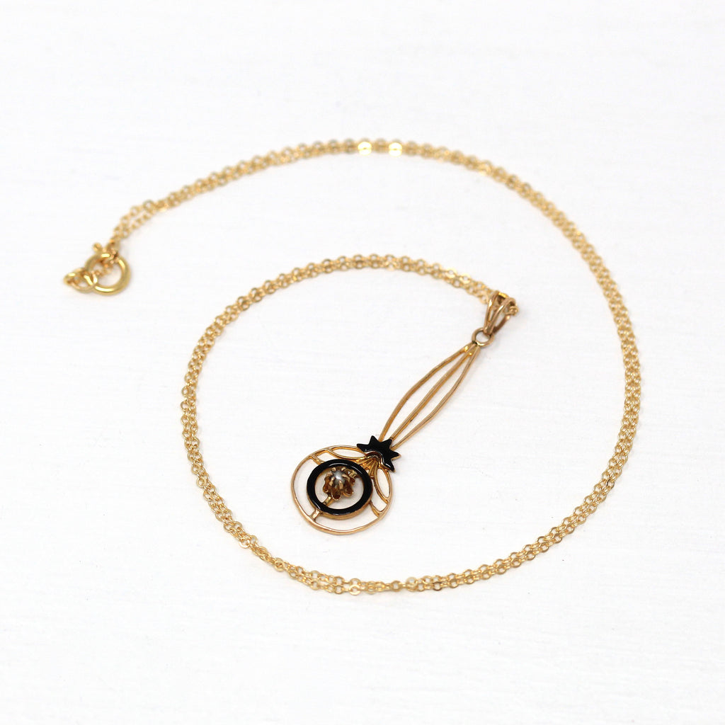 Antique Lavalier Necklace - Edwardian 10k Yellow Gold Seed Pearl Black Enamel Glass Pendant - Circa 1910s Era Vintage Buttercup Fine Jewelry