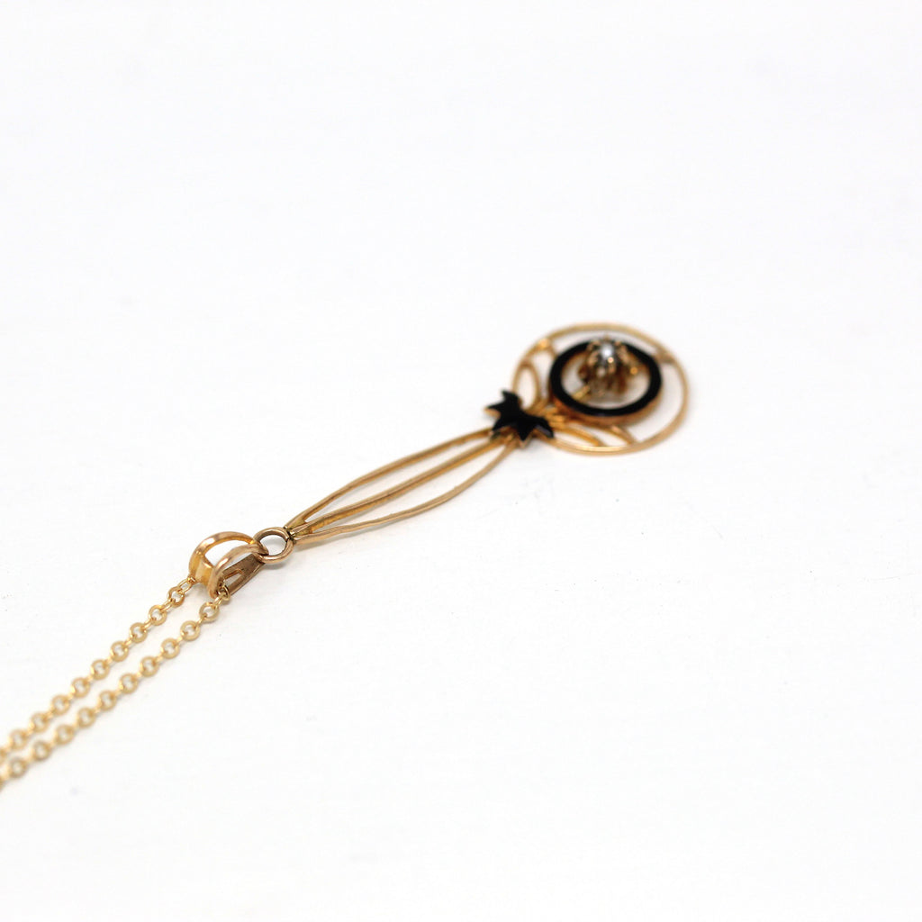 Antique Lavalier Necklace - Edwardian 10k Yellow Gold Seed Pearl Black Enamel Glass Pendant - Circa 1910s Era Vintage Buttercup Fine Jewelry