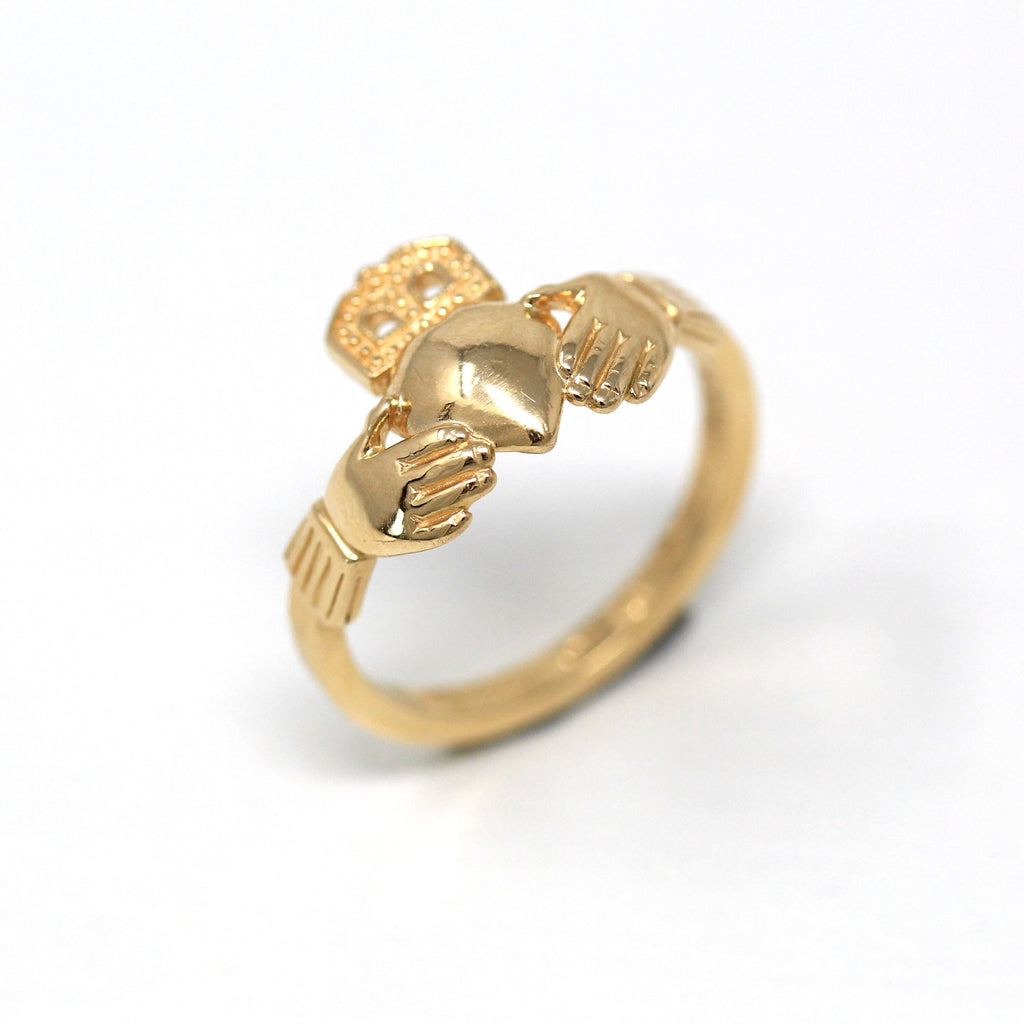 Modern Claddagh Ring - Estate 14k Yellow Gold Heart Clasped Hand Crown - Circa 2000's Era Size 6 Friendship Love Loyalty Irish Fine Jewelry