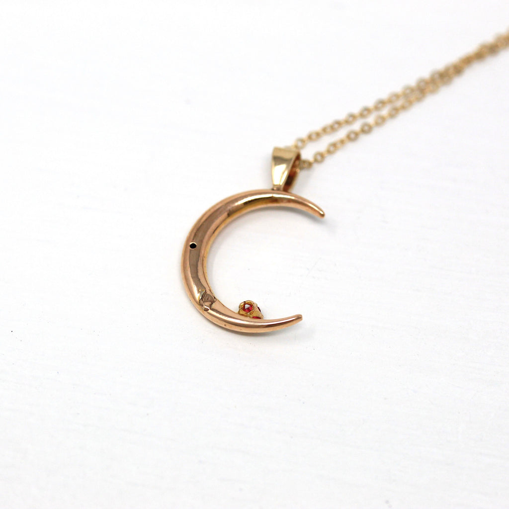Crescent Moon Necklace - Edwardian 10k Yellow Gold Simulated Garnet Red Glass Pendant - Antique Circa 1910s Era Statement Celestial Jewelry