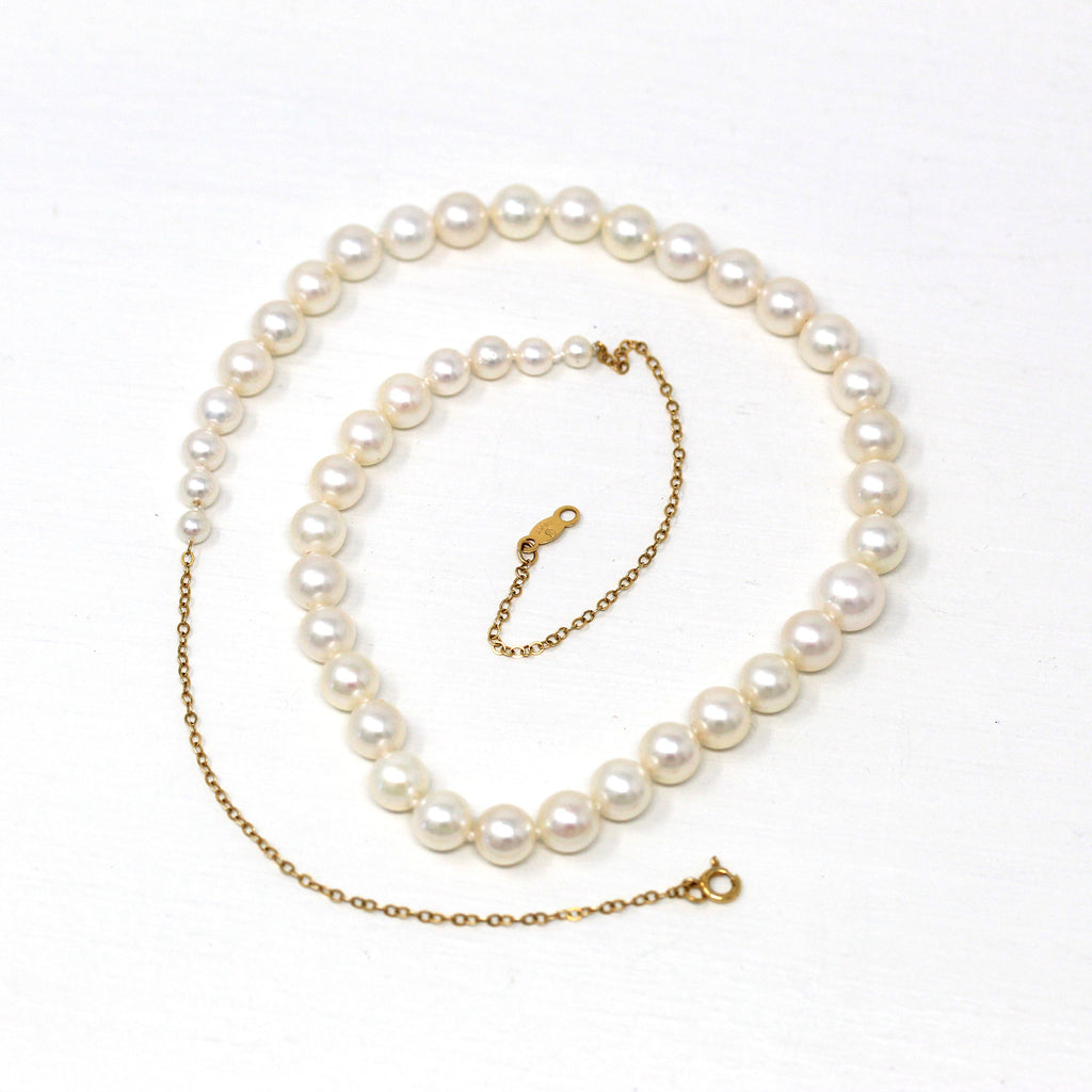 Cultured Pearl Necklace - Modern 14k Yellow Gold Graduated Individually Knotted Strand - Estate Circa 2000s Era 16 1/2 Inches Fine Jewelry