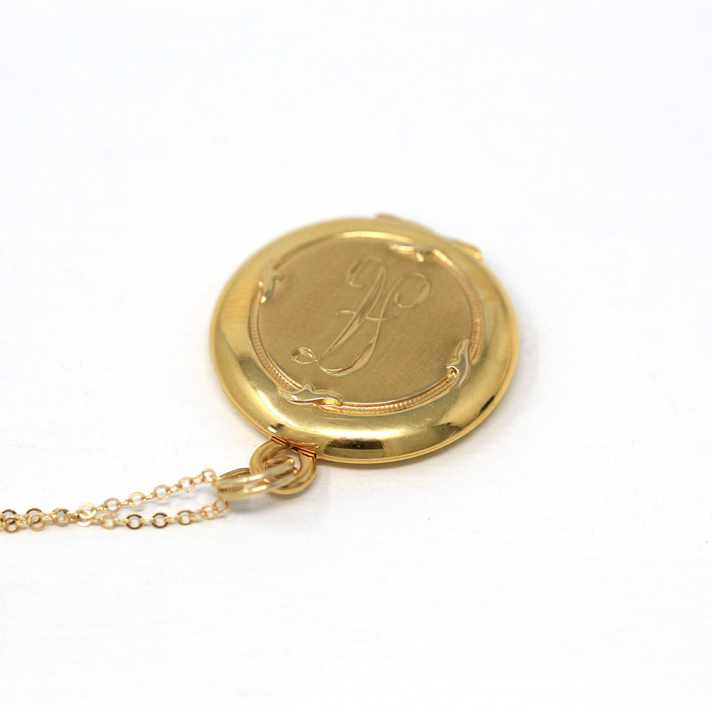 Letter "A" Locket - Retro Gold Filled Round Engraved Designs Pendant Necklace - Circa 1970s Era Statement Photo Keepsake 70s WEH Jewelry