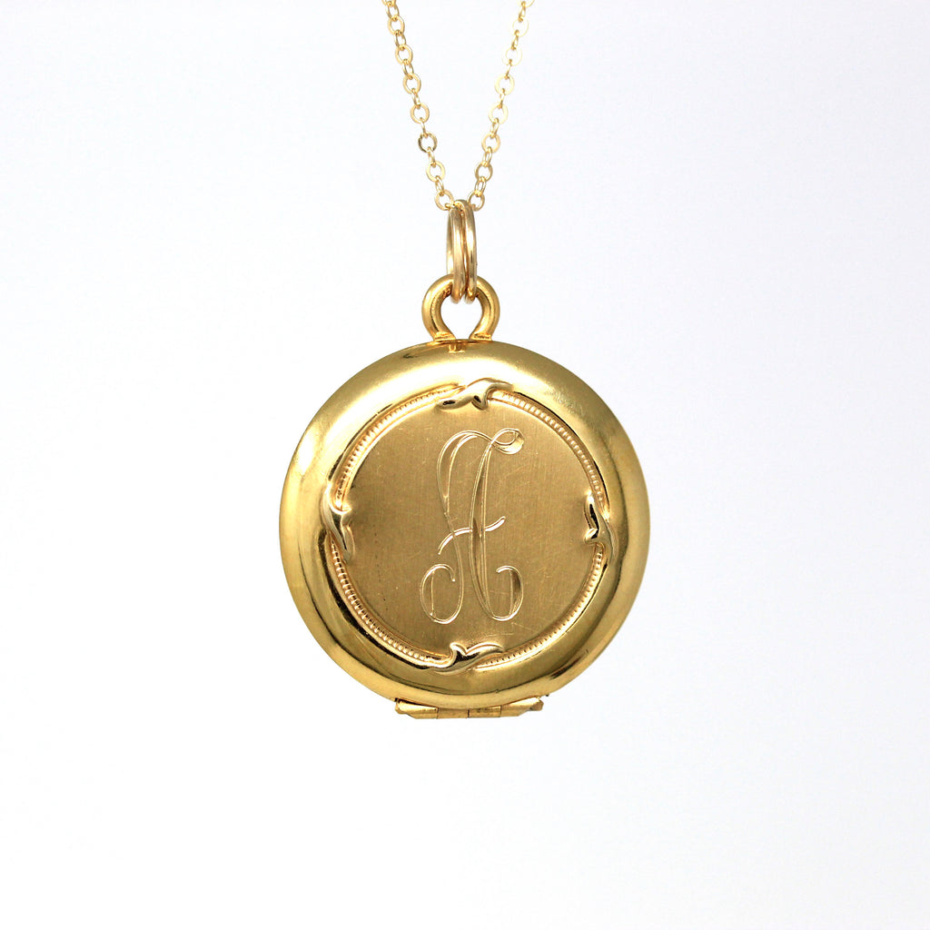 Letter "A" Locket - Retro Gold Filled Round Engraved Designs Pendant Necklace - Circa 1970s Era Statement Photo Keepsake 70s WEH Jewelry