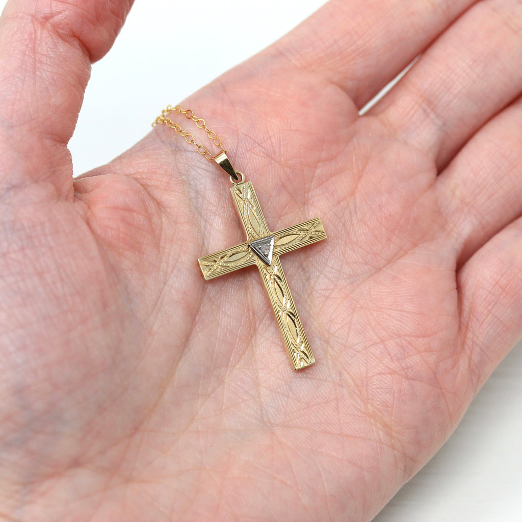 Vintage Cross Necklace - Retro 10k Yellow & White Gold Genuine .02 CT Diamond Gem Pendant - Circa 1940s Era Religious Faith Fine 40s Jewelry