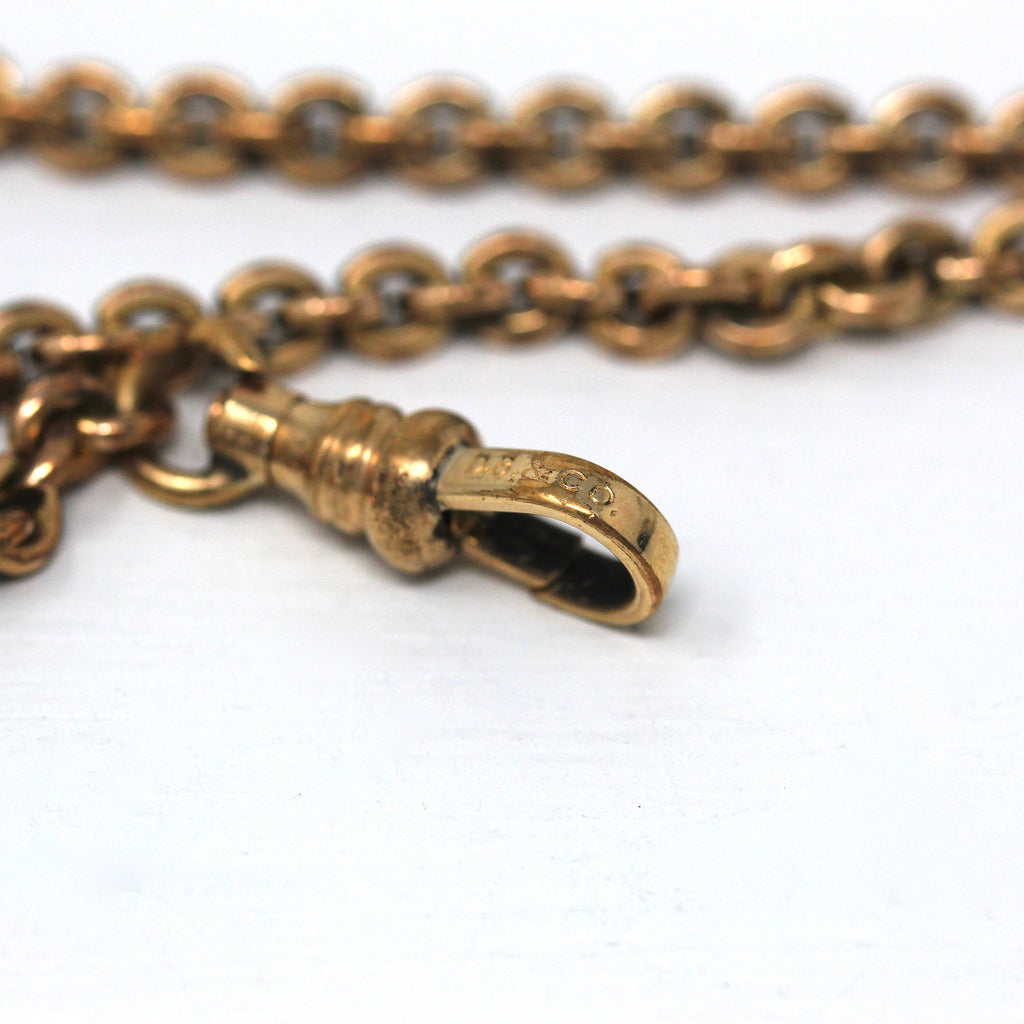 Pocket Watch Chain - Antique Gold Filled Cable Links T Bar Swivel Clip Clasp - Edwardian Circa 1910s Era Fashion Accessory DB & CO Jewelry