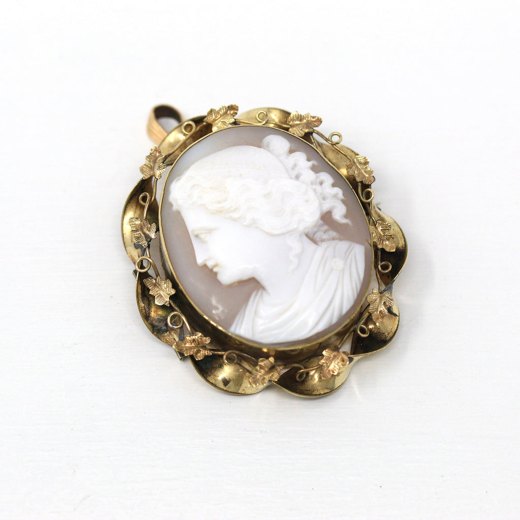 Antique Cameo Necklace - Edwardian Gold Filled Carved Shell Pendant Brooch Pin - Circa 1900s Era Leaf Statement Fashion Accessory Jewelry