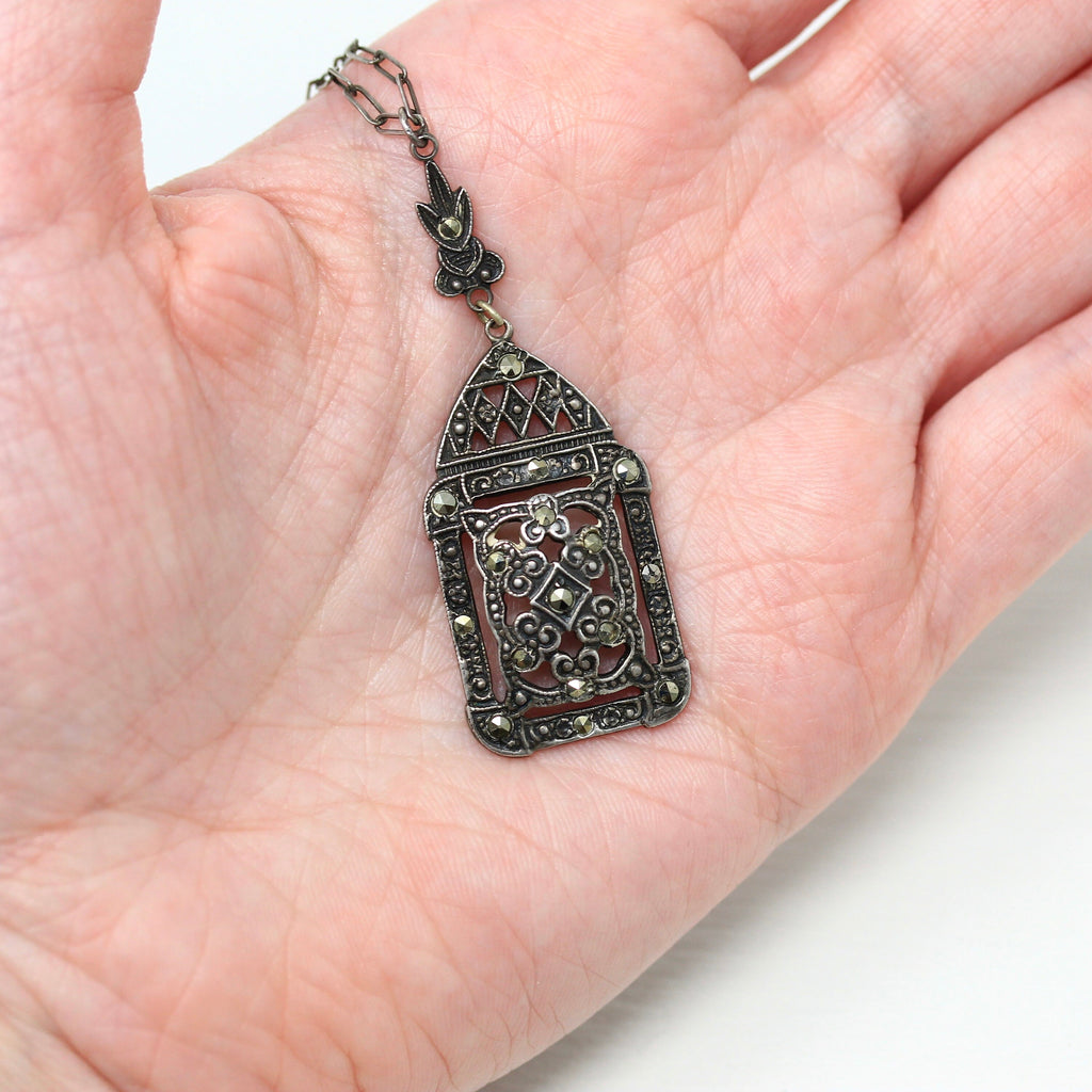 Art Deco Necklace - Vintage Sterling Silver Marcasite Nature Inspired Filigree - Circa 1930s Era Statement 18" Inch 30s Flapper Jewelry