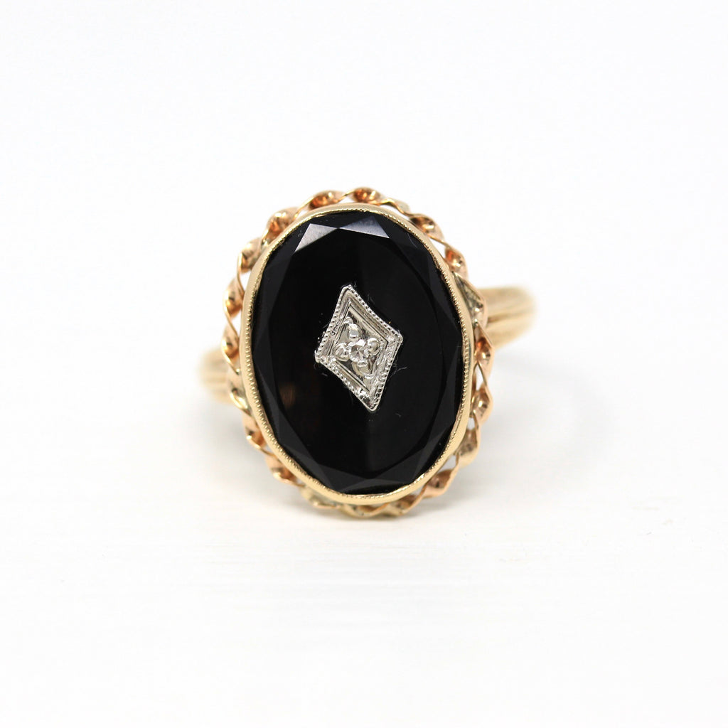 Genuine Onyx Ring - Retro 10k Yellow Gold Oval Faceted Black Gemstone - Vintage Circa 1960s Size 7 1/4 Diamond Gem Statement Fine Jewelry