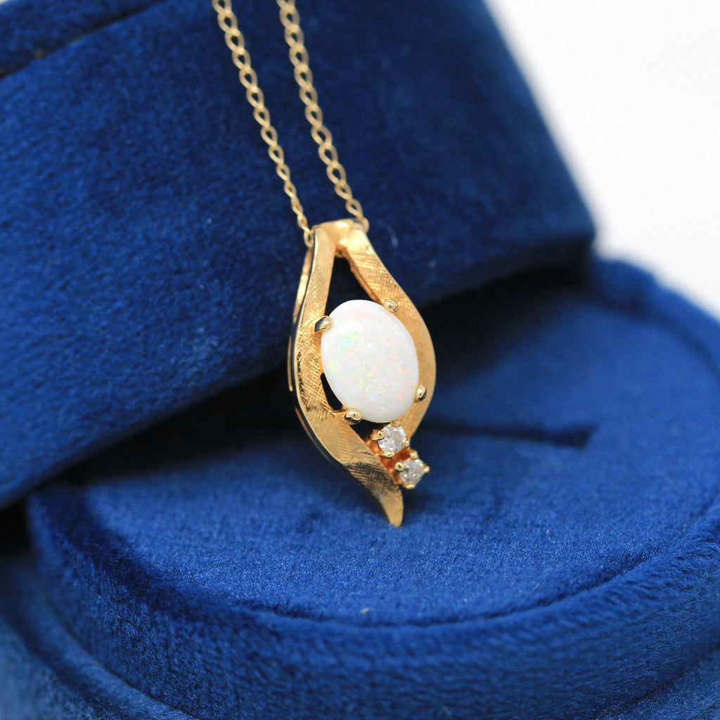 Opal & Diamond Necklace - Retro 14k Yellow Gold Cabochon Cut .67 CT Gemstone Pendant - Vintage Circa 1970s Era October Birthstone Jewelry